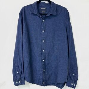 BANANA REPUBLIC Navy 100% Linen Untucked Slim Fit Blue Button Down Shirt Men's L